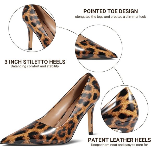 Women Leopard Pointed Toe Slip-on Closed Toe 3 Inch Stiletto Pumps High Heels - Picture 5 of 7